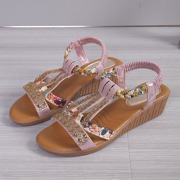 Sue | Glittery wedge sandals with decorative crystals