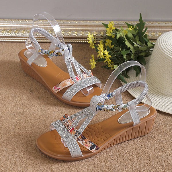 Sue | Glittery wedge sandals with decorative crystals