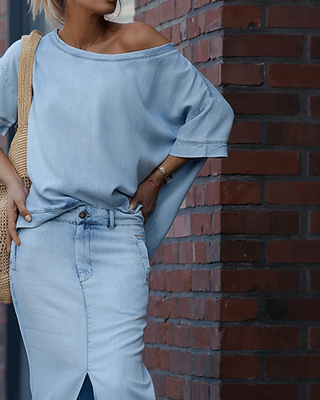 WHITE | Diagonal shoulder top with split denim maxi skirt