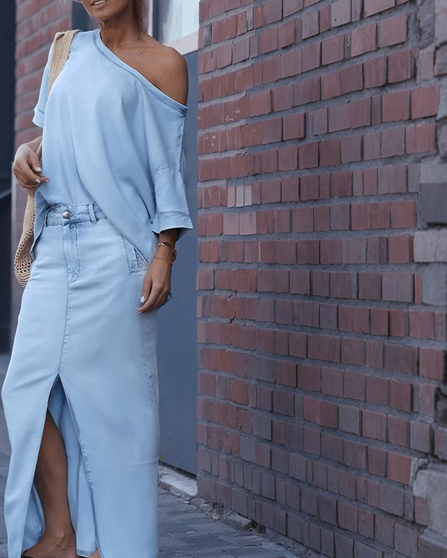 WHITE | Diagonal shoulder top with split denim maxi skirt