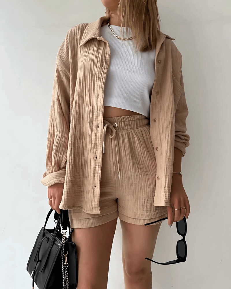 Maylee Cotton Button-Up Shorts Set