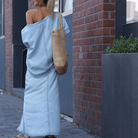 WHITE | Diagonal shoulder top with split denim maxi skirt