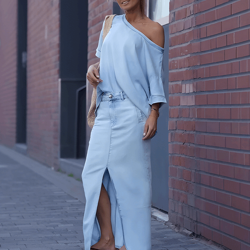 WHITE | Diagonal shoulder top with split denim maxi skirt