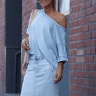 WHITE | Diagonal shoulder top with split denim maxi skirt