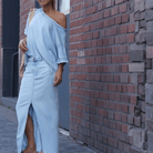 WHITE | Diagonal shoulder top with split denim maxi skirt