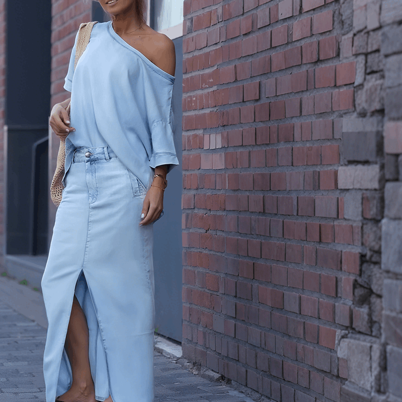 WHITE | Diagonal shoulder top with split denim maxi skirt