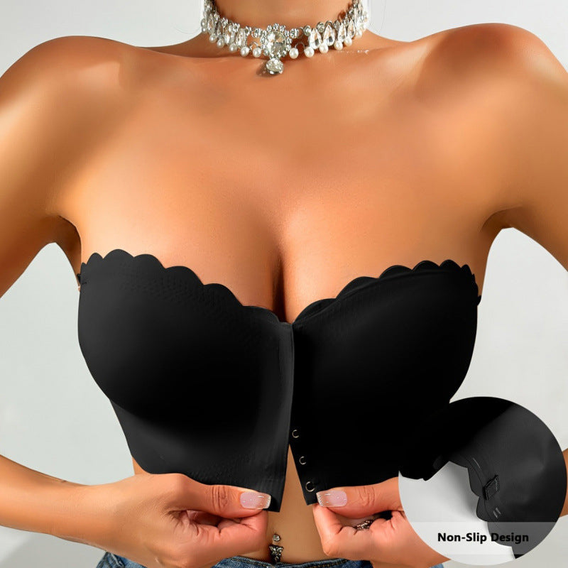 Strapless bandeau bra with front closure